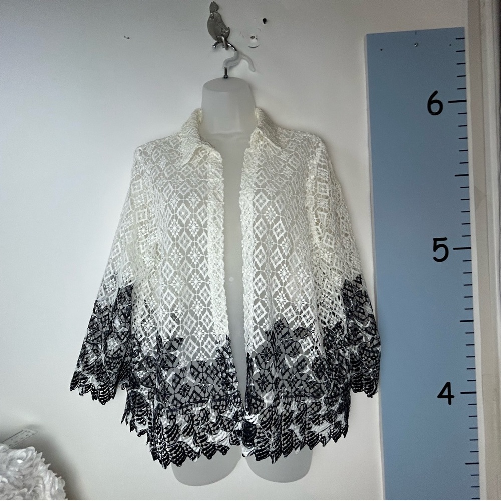Alfred Dunner Dark Blue‎ & White Open Weave Crochet Cardigan Petite Small